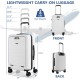 20-inch white hardside carry-on luggage with front pocket, USB port, and TSA lock, ideal for short trips and business.