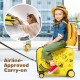 Yellow 18-inch kids ride-on luggage with bee pattern, designed for carry-on, featuring spinner wheels and adjustable.
