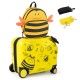 Bright yellow 18-inch kids' luggage set with bee pattern, includes ride-on suitcase and matching backpack for travel.