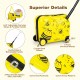 Yellow 18-inch kids luggage set with bee pattern, featuring spinner wheels, adjustable handle, and convenient footrests.