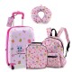 Kids 5-piece luggage set in pink with owl design, includes suitcase, backpack, lunch bag, neck pillow, and name tag.