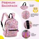 Pink kids' backpack with cute cartoon pattern, adjustable straps, and large front pocket for organized packing.