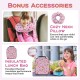 Cozy neck pillow and insulated lunch bag from a pink kids luggage set, perfect for travel comfort and food storage.