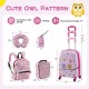 5-piece kids luggage set in pink with cute owl pattern, includes suitcase, backpack, neck pillow, lunch bag, and name.