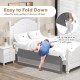 Extra long gray bed guardrail with foldable design, ensuring toddler safety and easy access for bed entry and sheet.