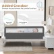 Extra long gray bed guardrail with safety straps, featuring breathable mesh and foldable design for toddler bed safety.