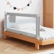 Vertical lifting gray baby bed rail guard with adjustable heights and storage pocket for safety and convenience.
