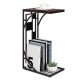 C-shaped end table with brown MDF top and marble texture, featuring a bottom storage rack for magazines and plants.