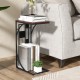 C-shaped end table in brown with marble texture, featuring a storage rack, perfect for small spaces in living rooms.