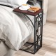 C-shaped end table with brown MDF top and marble texture, featuring a bottom storage rack for living room use.