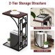 C-shaped brown end table with marble texture, featuring a top surface and bottom storage rack for small spaces.