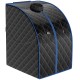 Portable personal far infrared sauna in black with dual zipper openings, heating foot pad, and foldable chair for.