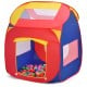 Portable kid play house tent with vibrant red and blue design, featuring mesh windows for ventilation and 100 colorful.