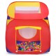 Bright red portable kid play house tent with mesh windows and 100 colorful balls, perfect for imaginative play indoors.