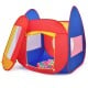 Front view of the portable kid play house tent featuring vibrant red and blue colors, perfect for backyard fun and.