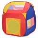 Colorful portable kid play house toy tent with mesh windows and pop-up design, includes 100 balls for imaginative play.