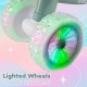 Lighted wheels of the green baby balance bike glow while rolling, enhancing fun and promoting balance skills for kids.