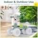 Green baby balance bike showing the 45° steering limit for safe riding, designed for indoor and outdoor use for.