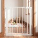 White baby gate for stairs with pressure mount, featuring one-handed operation and double-lock safety, shown in a home.