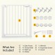 Baby gate for stairs in white, featuring adjustable width, auto-close function, and double-lock safety release system.