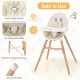 Baby high chair in beige with solid beech wood legs, 5-point harness, and dishwasher-safe tray for secure feeding.