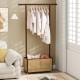Bamboo clothes rack with rattan storage basket on wheels, ideal for organizing entryways or bedrooms.
