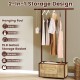 Bamboo clothes rack with rattan storage basket, featuring a hanging rod and wheels for easy mobility in any room.