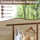 Bamboo clothes rack with a rattan storage basket, featuring a hanging rod and wheels for easy movement and stability.