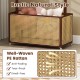 Bamboo clothes rack with a well-woven PE rattan storage basket, featuring wheels for easy movement in rustic style.