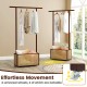 Bamboo clothes rack with rattan storage basket and wheels, featuring a hanging rod for versatile organization in any.