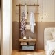 Bamboo coat rack with PE rattan surface, featuring 11 hooks and a shoe storage bench for organized entryway use.