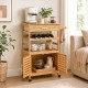 Bamboo rolling kitchen island trolley features a wine rack, spacious cabinet, and convenient towel rack for versatile storage.