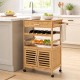 Bamboo rolling kitchen island trolley features a wine rack, storage cabinet, and towel rack for versatile kitchen organization.