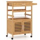 Bamboo rolling kitchen island trolley features a spacious cabinet, wine rack, and towel holder for versatile kitchen storage.