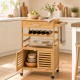 Bamboo rolling kitchen island trolley features a wine rack, spacious cabinet, and towel rack for versatile storage solutions.