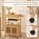 Bamboo rolling kitchen island trolley features a wine rack, storage cabinet, and 360° rotating wheels for easy mobility.