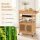 Bamboo rolling kitchen island trolley features a spacious cabinet, wine rack, and durable splinter-free construction for versatile use.