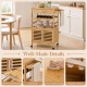 Bamboo rolling kitchen island trolley features a spacious cabinet, wine rack, and stainless steel handles for easy mobility.