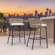 Bar height woven rope patio chairs set of 2 in white with soft cushions, ideal for outdoor relaxation on a balcony.