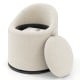 Beige barrel chair with hidden storage, soft velvet upholstery, and 360° swivel for versatile use in any room.