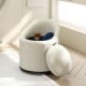 Beige barrel chair with hidden storage, soft velvet upholstery, and 360° swivel, perfect for living room or bedroom.
