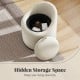 Beige barrel chair with hidden storage compartment, upholstered velvet fabric, perfect for living room or bedroom use.