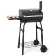 Barrel charcoal grill in black with foldable side table, built-in thermostat, and wheels for easy transport.