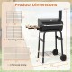 Product dimensions for the Barrel Charcoal Grill with side table, showcasing height, width, and cooking grate.