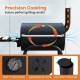 Barrel charcoal grill featuring a built-in thermostat, adjustable air vents, and a foldable side table for convenient.