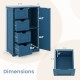 Dimensions of the Prussian Blue bathroom cabinet featuring 4 drawers and open shelves for organized storage.