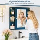 High Definition mirror in Prussian Blue cabinet with shelves, ideal for daily grooming and makeup application.