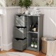 Gray bathroom floor cabinet with 3 drawers and 1 cupboard, featuring adjustable shelf and anti-tip device for stability.