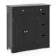 Close-up of the black bathroom floor cabinet's sleek metal handles and cut-out design for easy access and modern appeal.