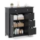 Black bathroom floor cabinet featuring 4 drawers, 2 doors, and adjustable shelf for organized storage and modern design.